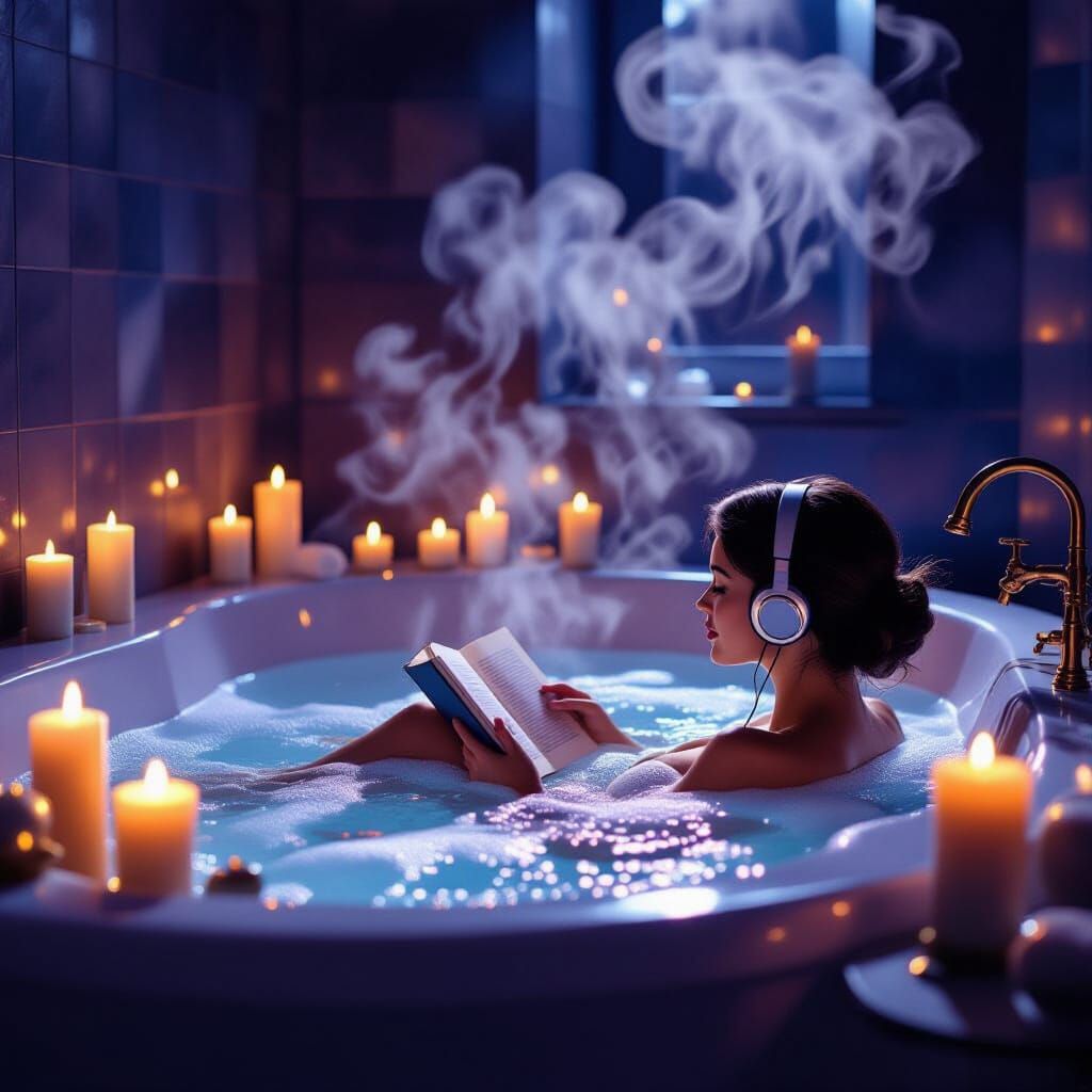 Luxurious Candlelit Bubble Bath with Book and Headphones