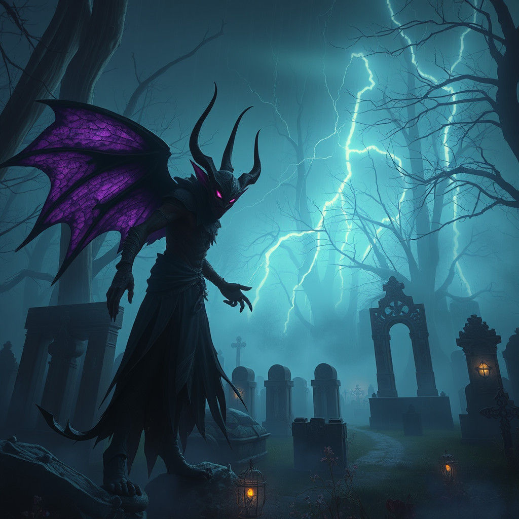 Dark Elf Haunting Cemetery in Lightning Storm