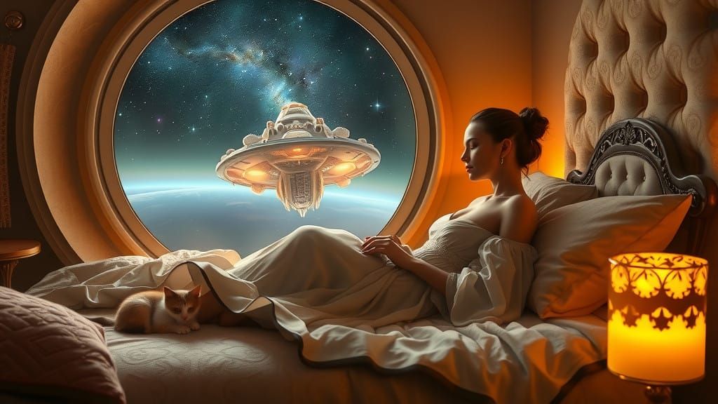 Romantic Love Nest in Space with Majestic Spaceship