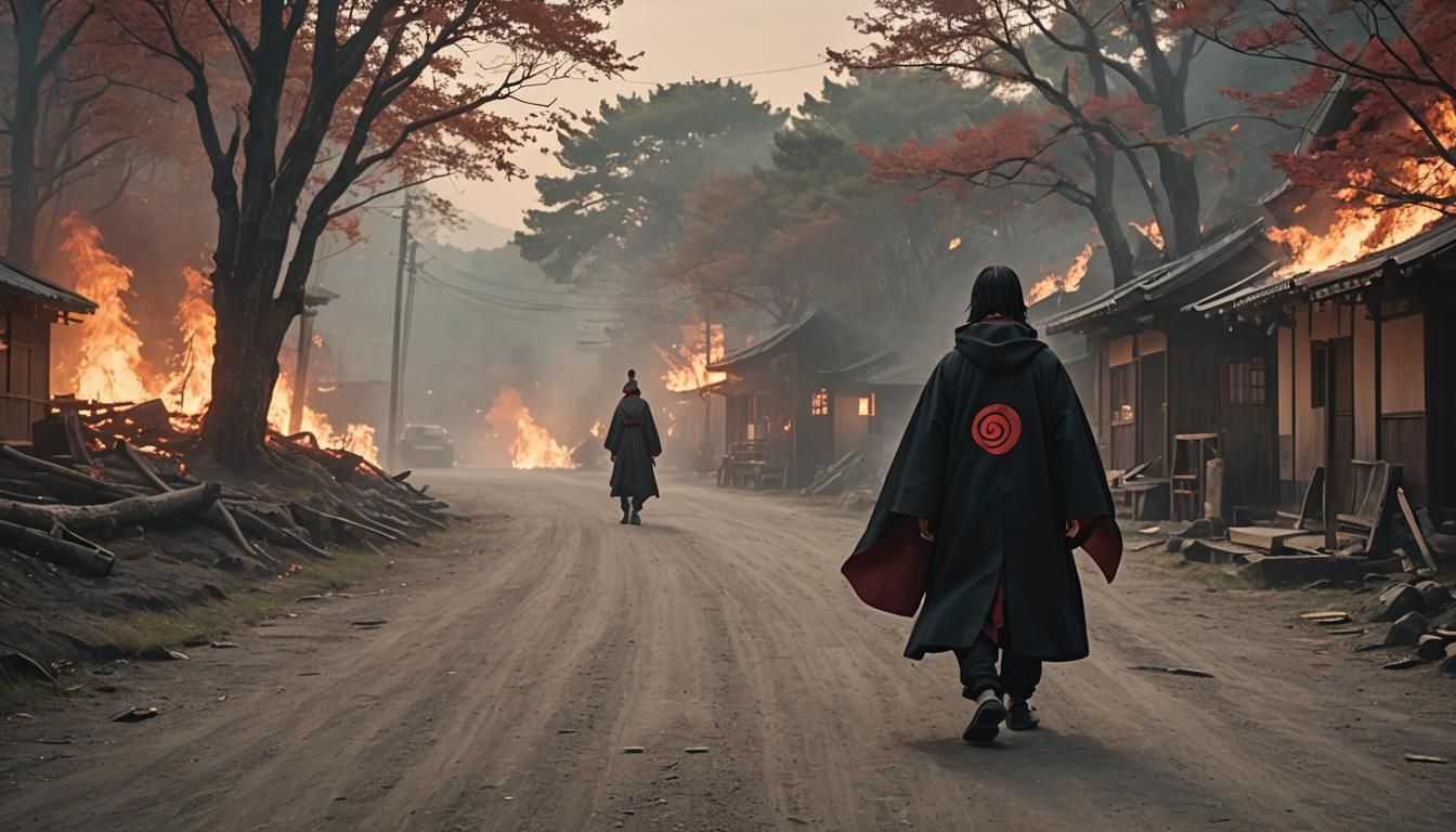 Itachi Uchiha in Burning Konoha: Cinematic Film Still