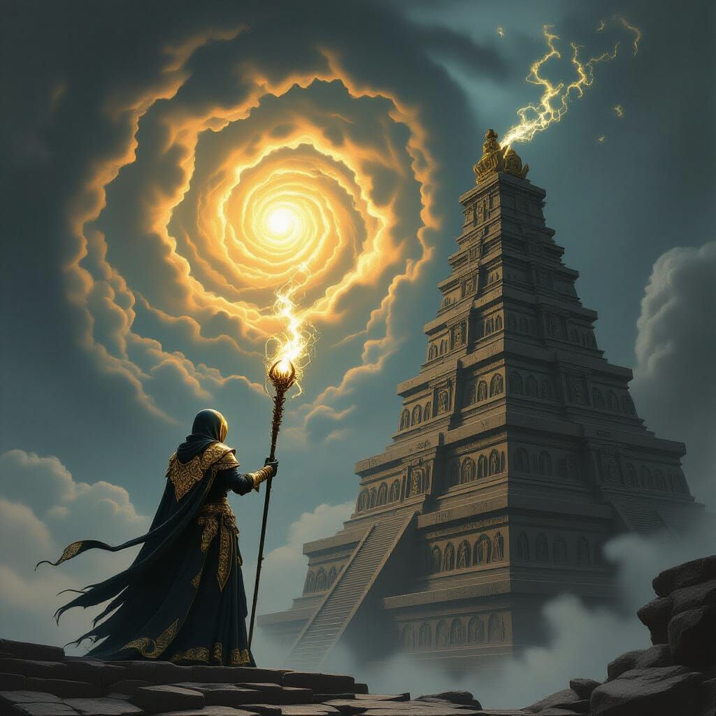 Gothic Ziggurat: Armored Figure and Swirling Shadows