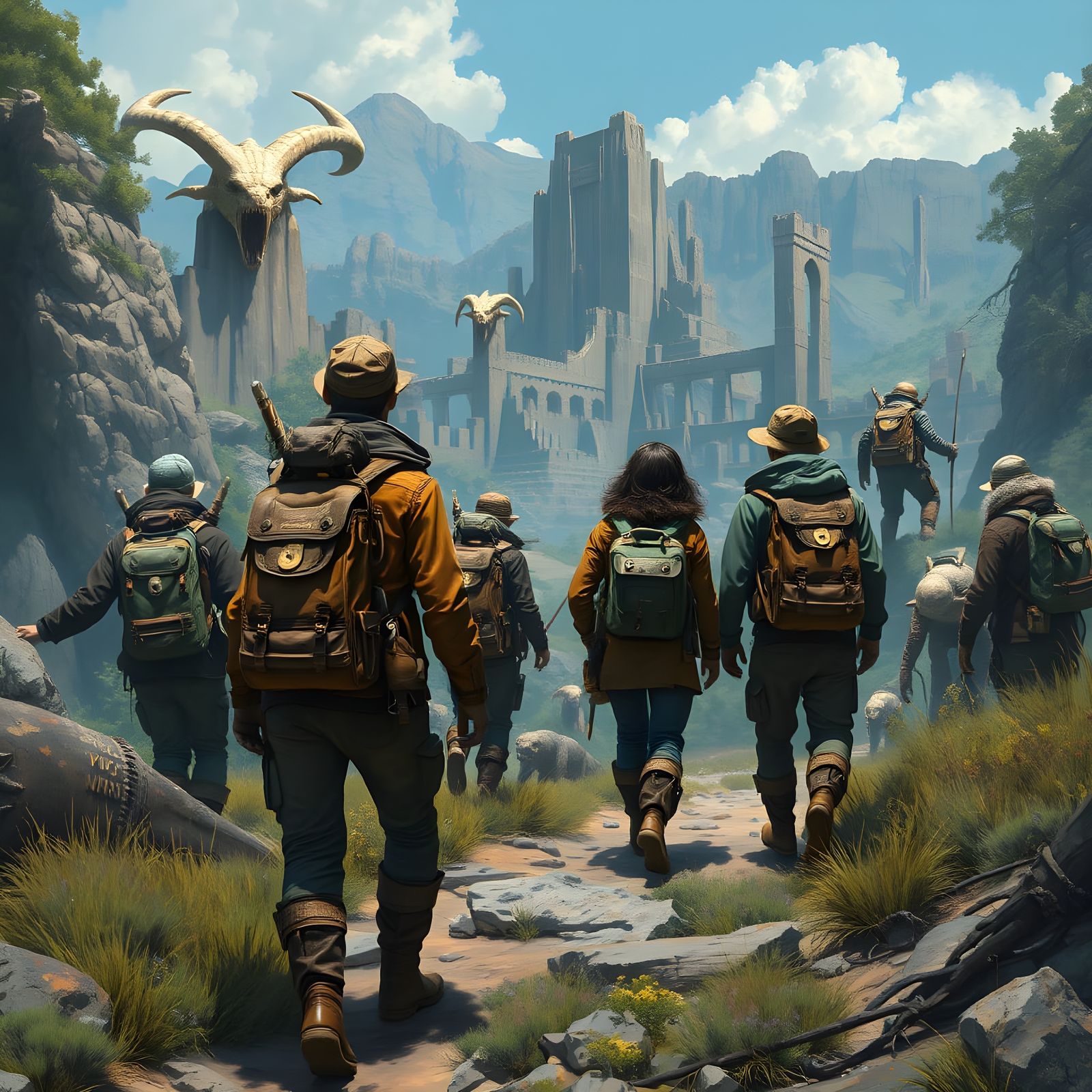 An image of a art by style OByouhua, oil painting, a world where science and magic are intertwined, a group of explorers...