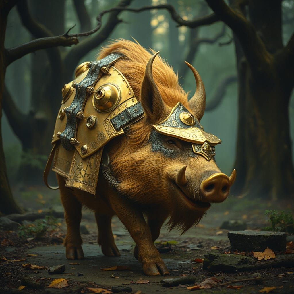Armored Golden Boar Wanders Mystical Valhalla Forest
