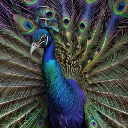 Majestic Peacock Spreads Wings in Fractal Landscape