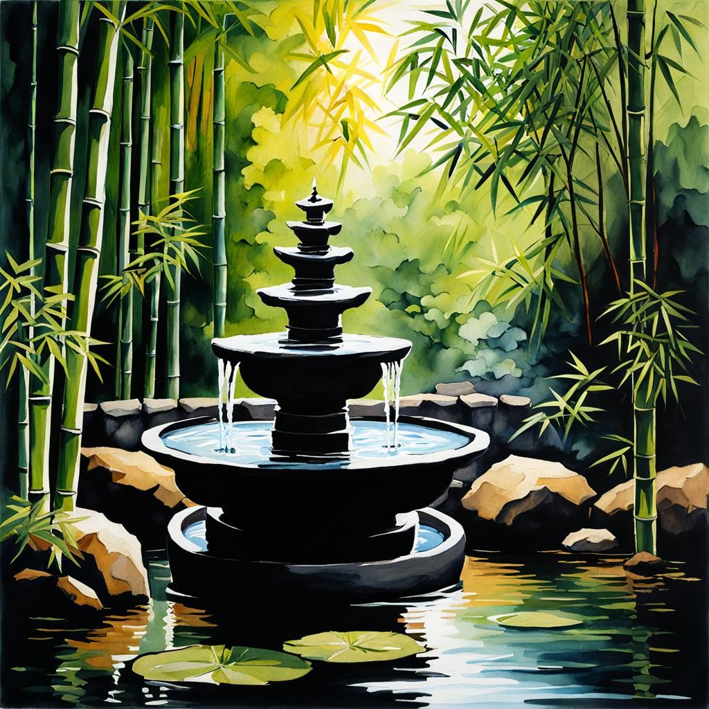 Zen Garden Fountain in Gouache Style