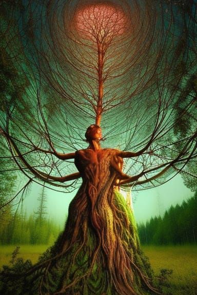 Tree-Human Hybrid with Fractal Branches in Warped Perspectiv...