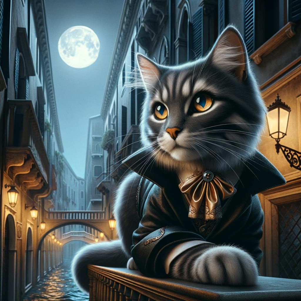 Charming Cat as Casanova in Moonlit Venice