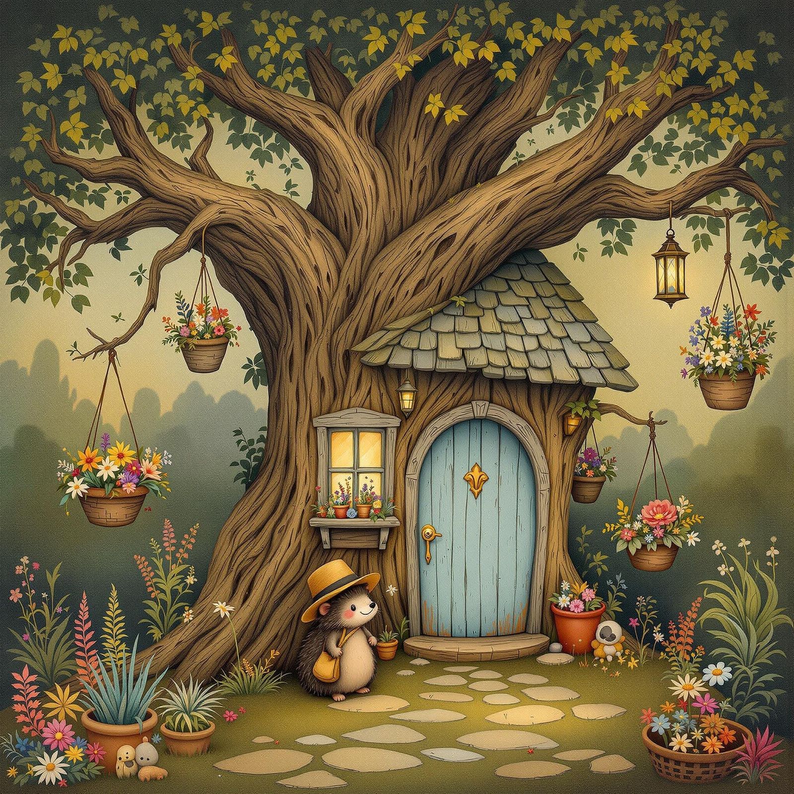 Whimsical Wooden Cottage Amidst a Tree's Gnarled Branches