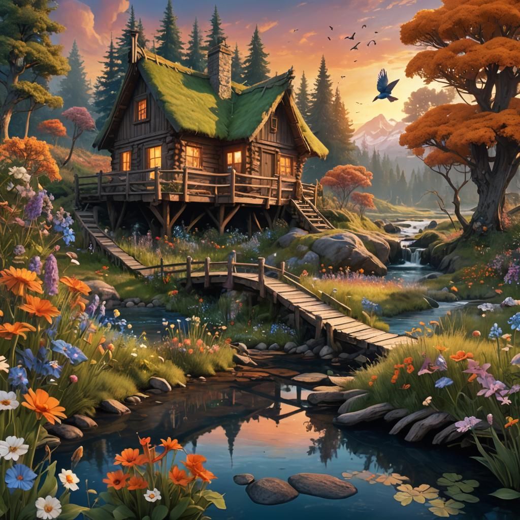 Fantasy Cabin with Wildflowers at Sunset