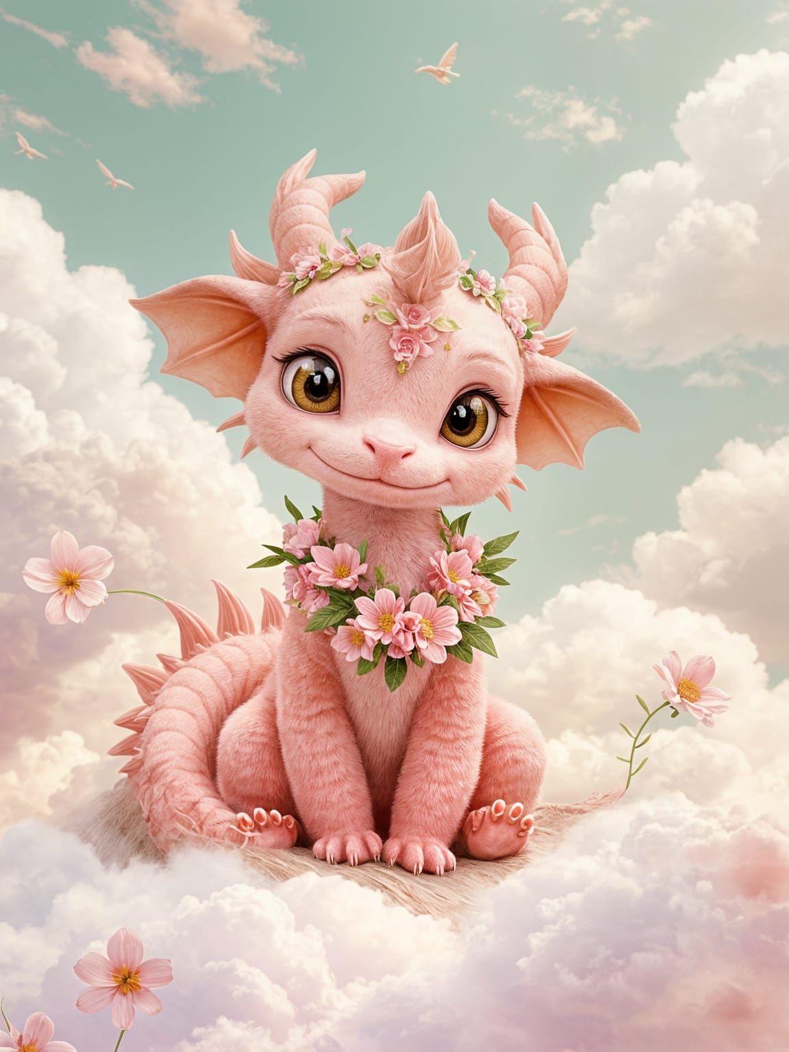 Adorable Pastel Dragon soars amidst Clouds