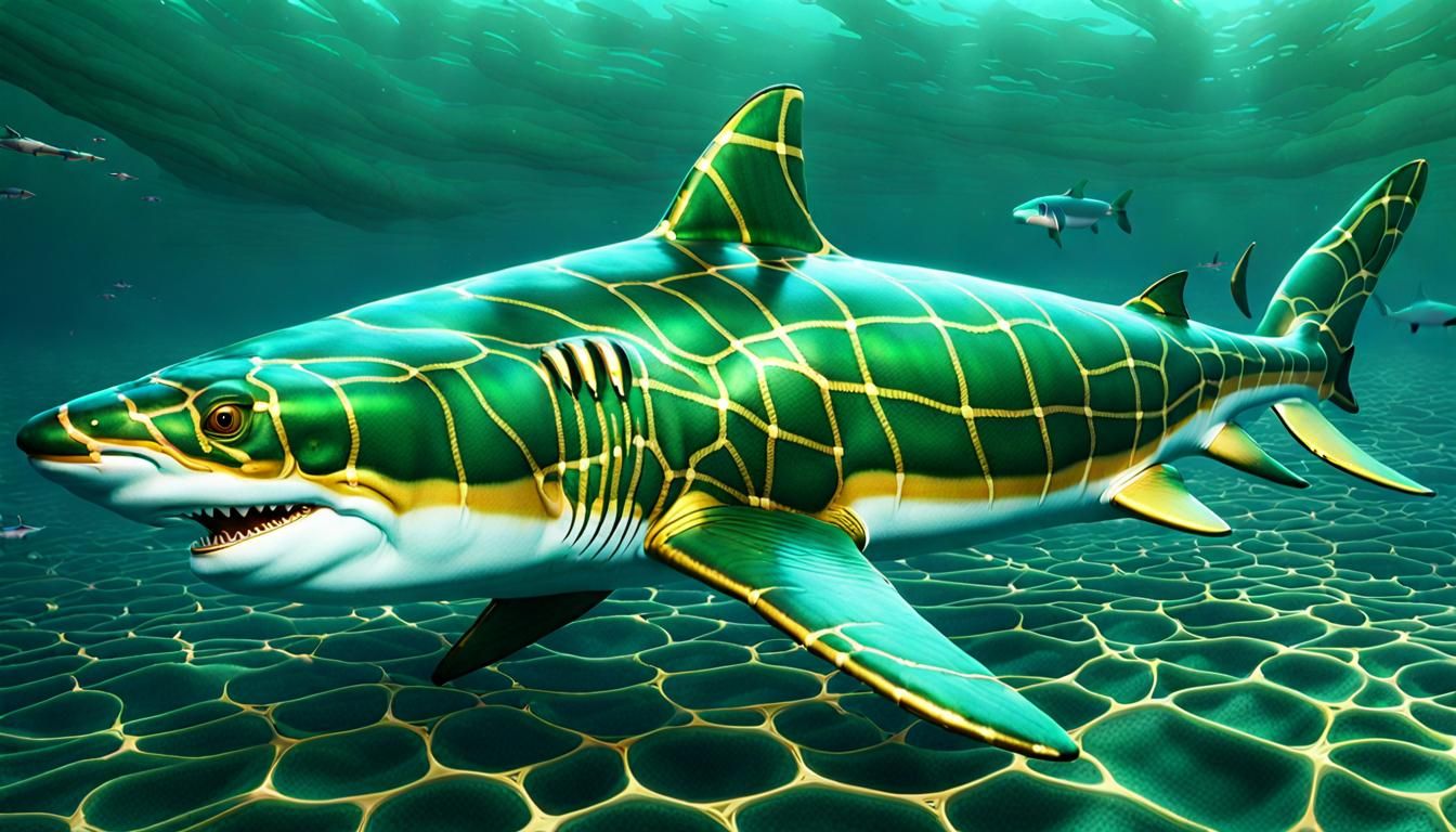 green and gold plaid colored ocean reef, plaid colored sharks, 8k resolution concept art hyperdetailed Unreal Engine