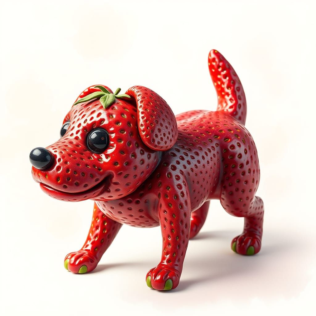 Whimsical Strawberry Dog Sculpture in Pastel Hues