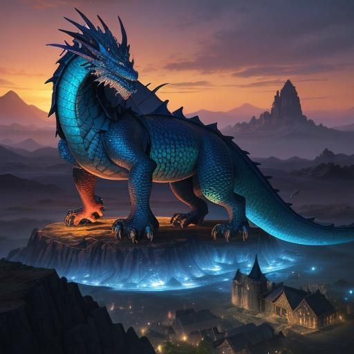 Dragon Protector in Village: Fantasy Matte Painting