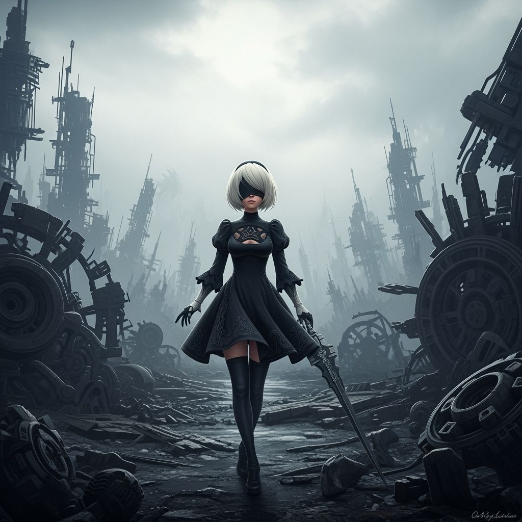 Nier Automata's 2B in Dystopian Cyberpunk Landscape