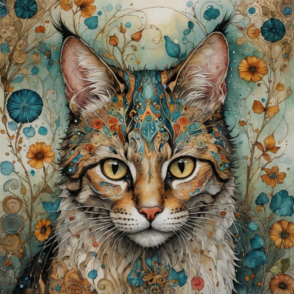 Intricate Cat Portrait in Alcohol Ink Style