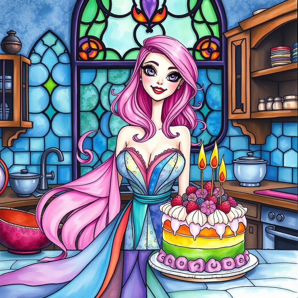 Rainbow Cake Creation in Whimsical Alcohol Ink Style