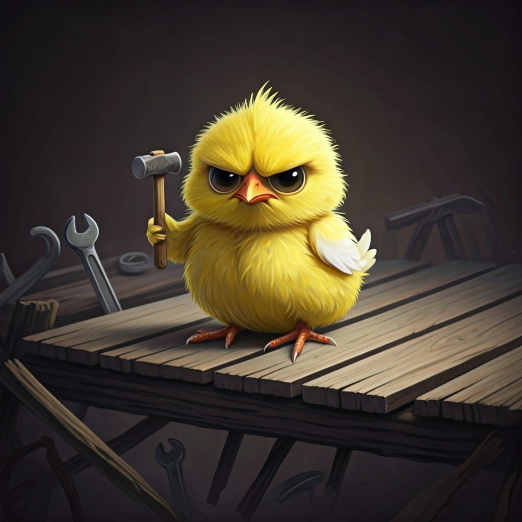 Grumpy Chick on Collapsed Bridge: Pastel Illustration