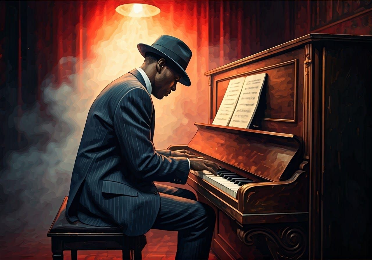 Blues Piano Player in Smoky Speakeasy, Expressive Art