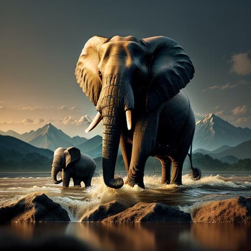 Elephant Mother and Baby in River: Wildlife Photography