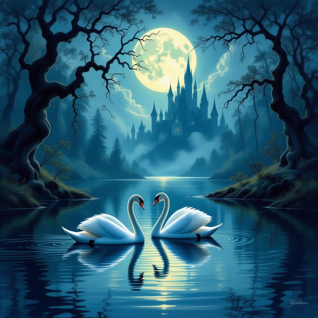 Enchanted Swan on Moonlit Lake in Painterly Style