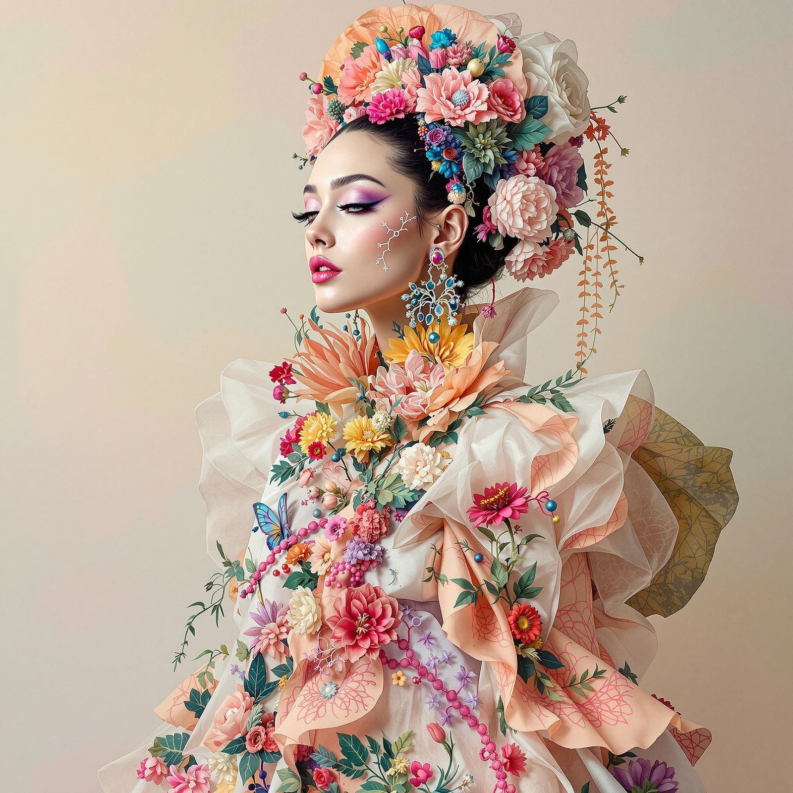 Surreal Portrait in Embroidered Avant-Garde Gown