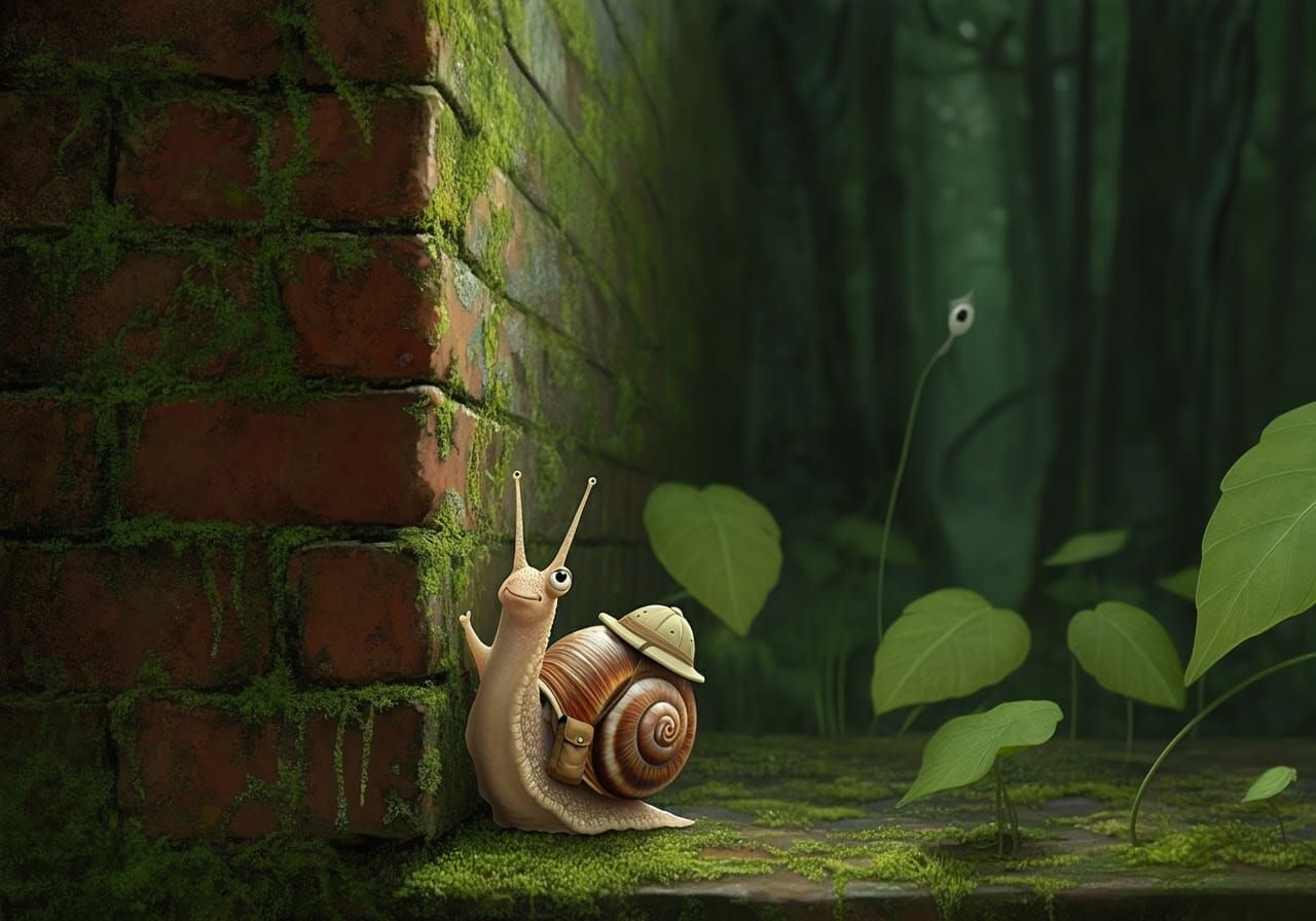 Snail Explorer Peeks Around Ancient Brick Wall