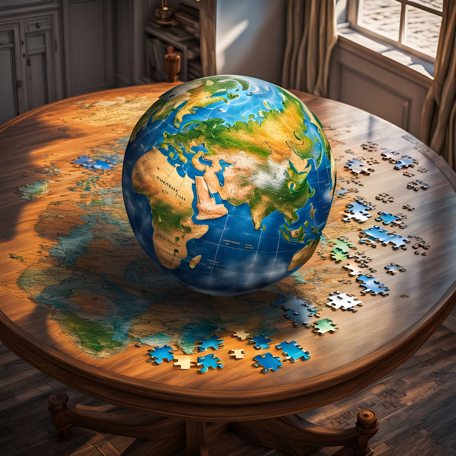 A puzzle representing the earth partially reconstructed on a...