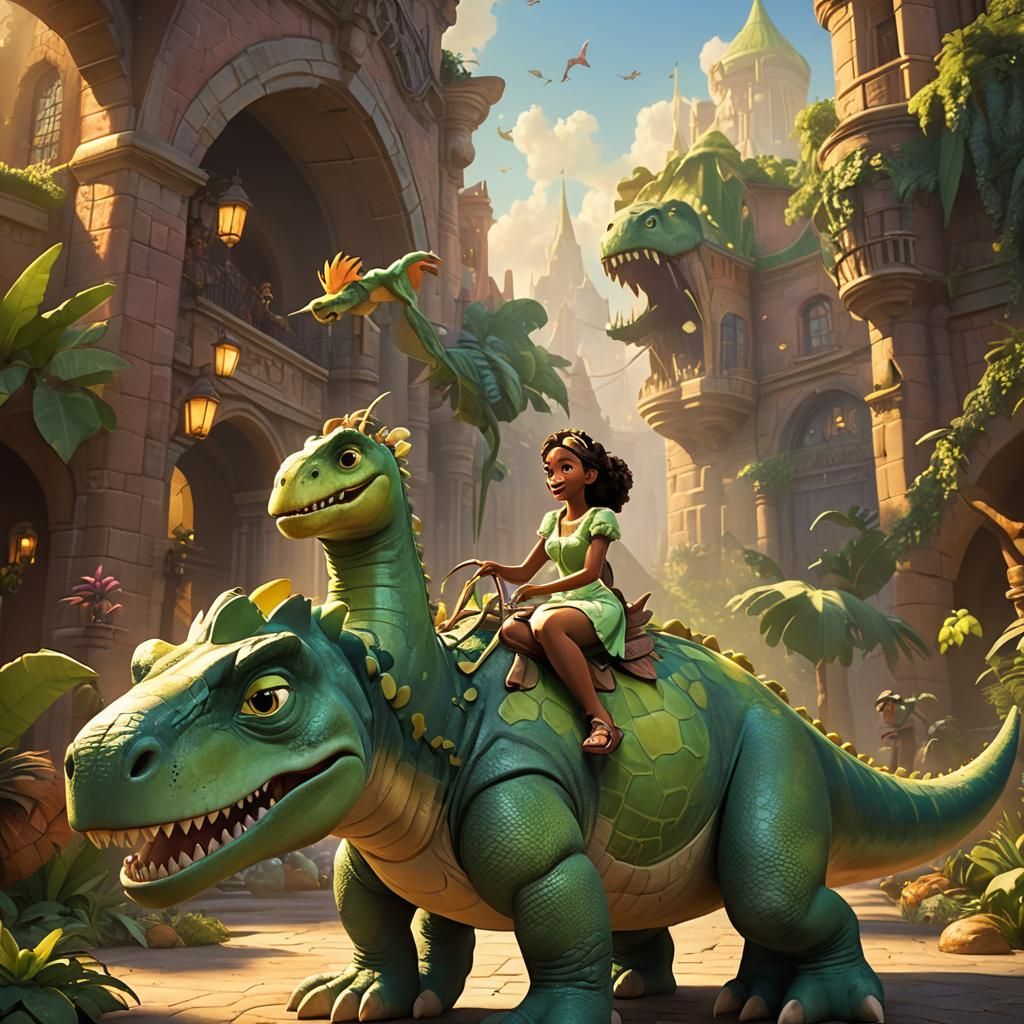Pixar-Style Princess Tiana Rides a Vibrant Dinosaur