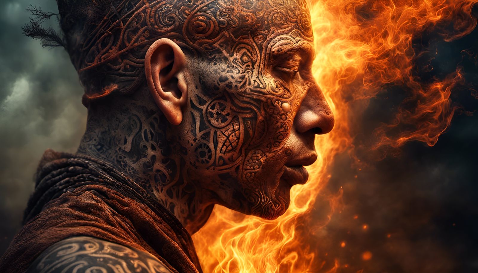 Fire Elemental Monk with Tribal Tattoos