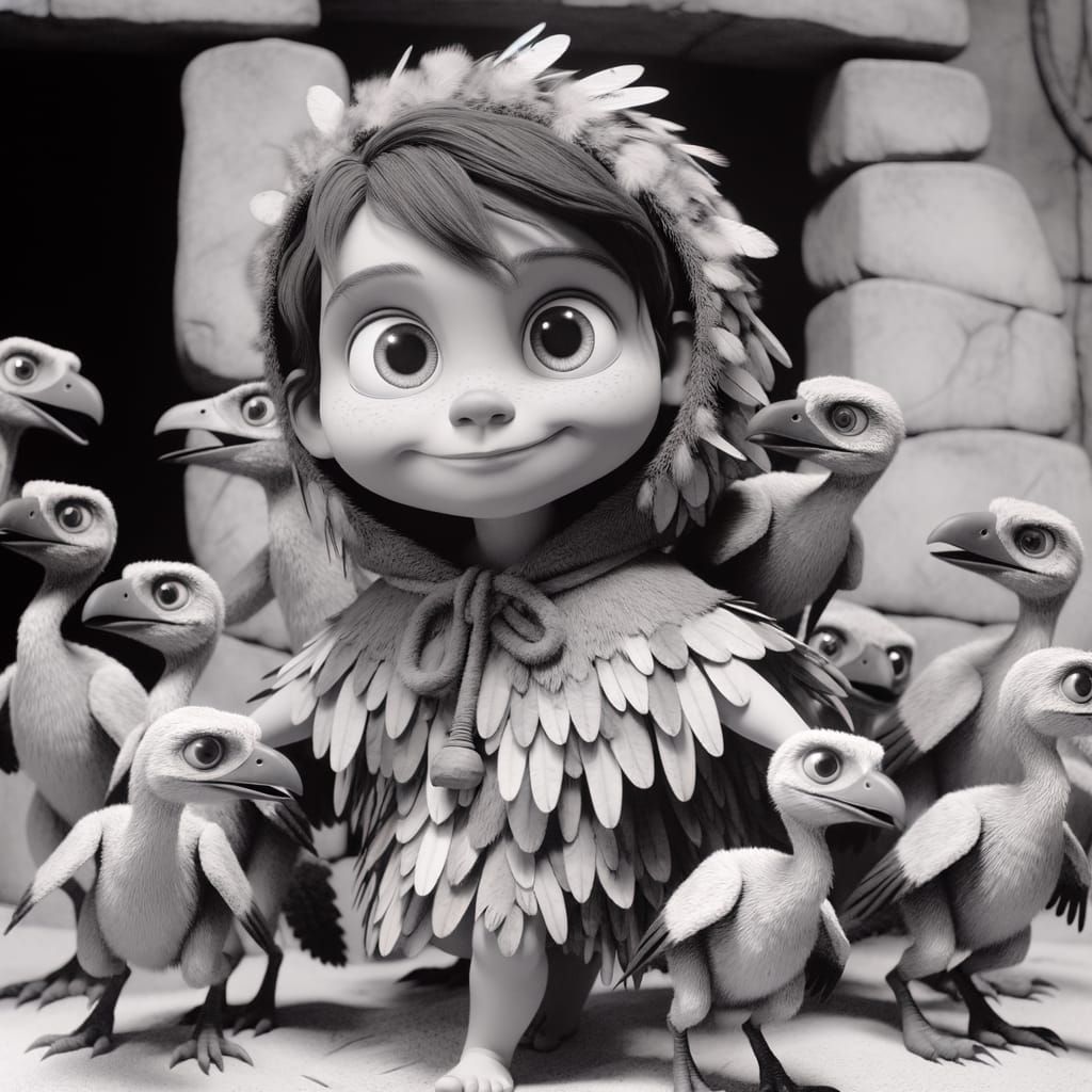 Cartoon Girl Leads Pet Raptors in Stone Age Settlement