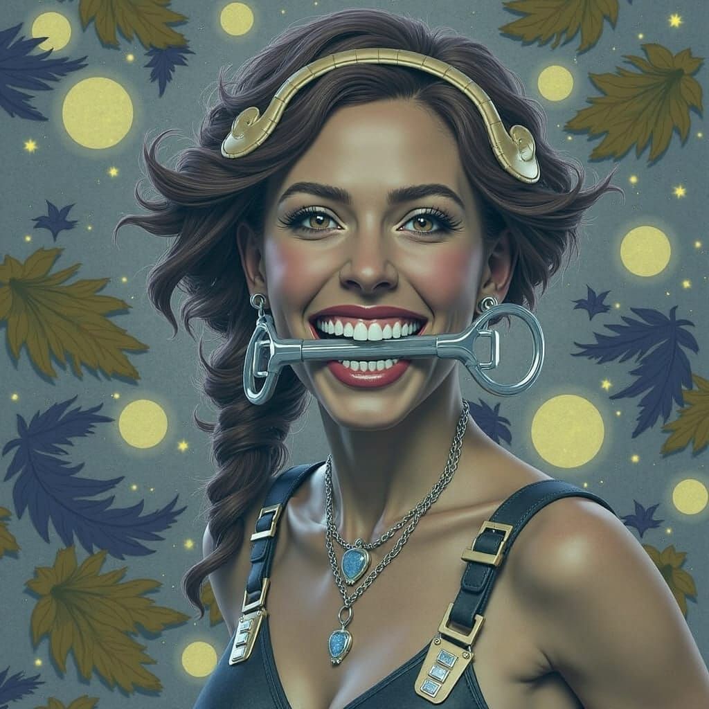 Mystical Woman in Leather Attire with Horse Bit Gag