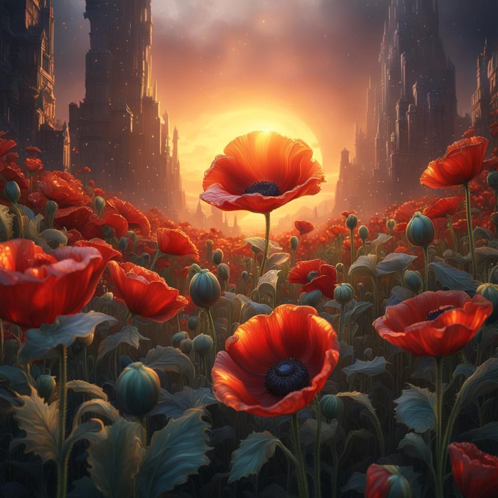Crystal Glass Poppy and Sunflower: Fantasy Art