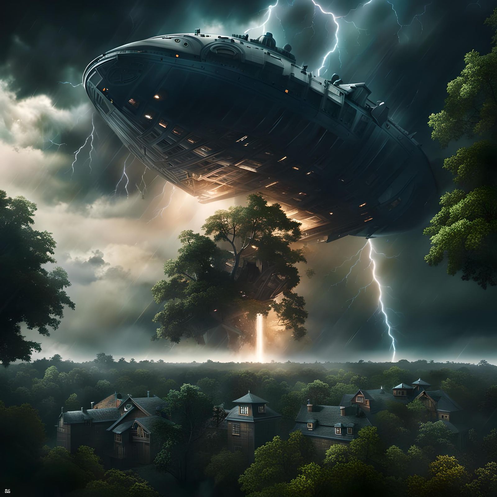 Alien Spaceship Hiding in Lightning Storm