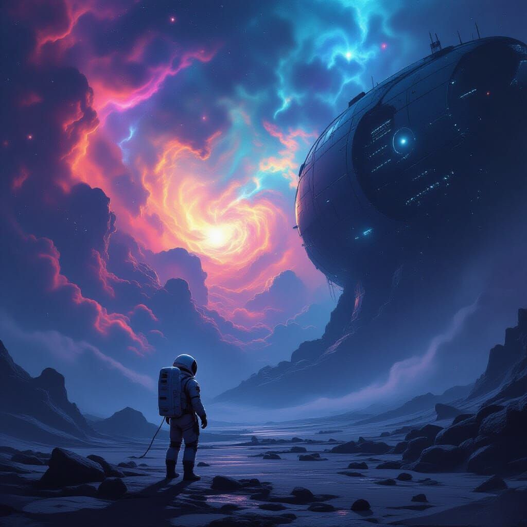 Astronaut Drifts by Alien Structure Amidst Cosmic Nebulae