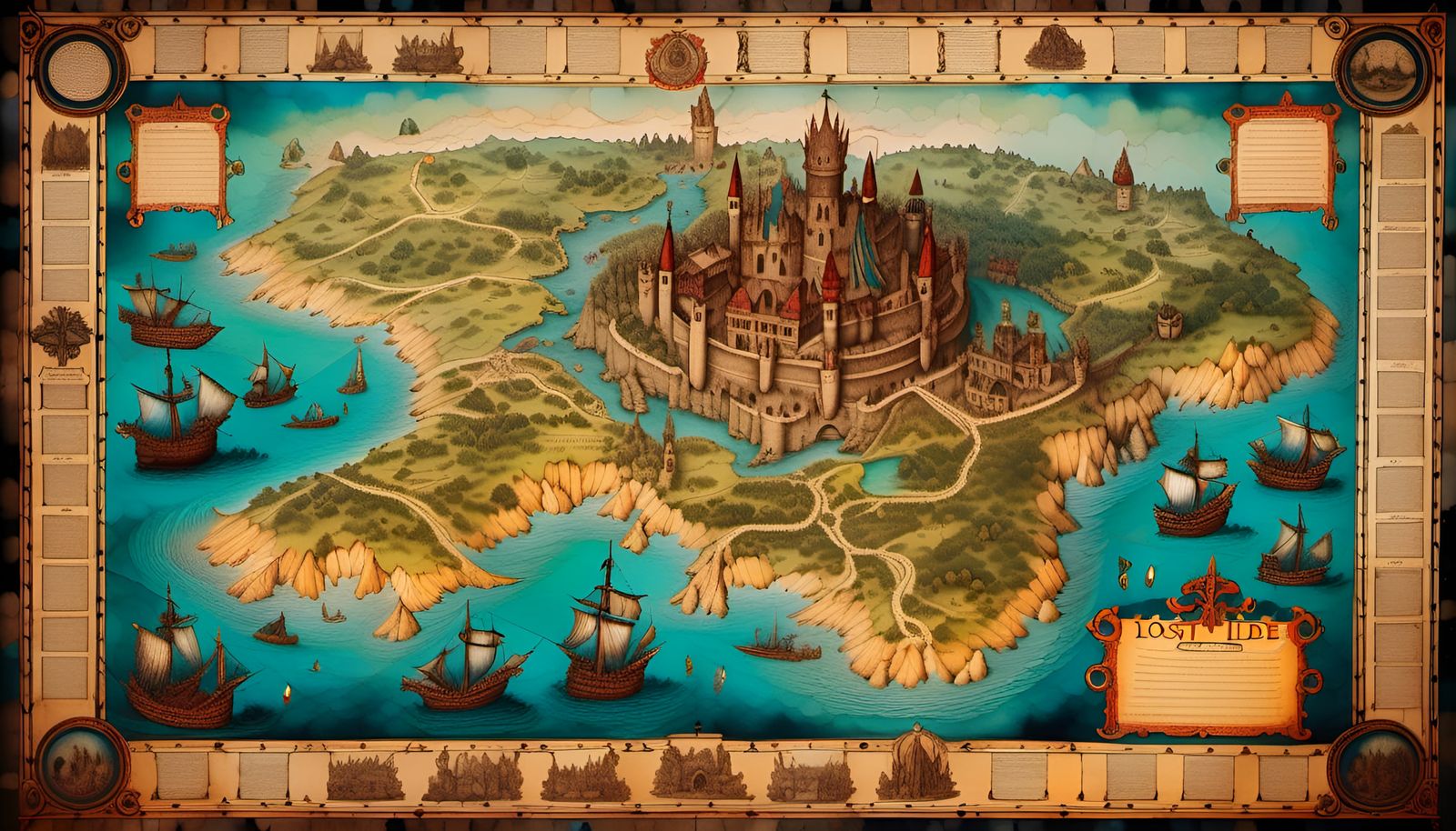 Medieval Map of Lost Isle on Stained Parchment