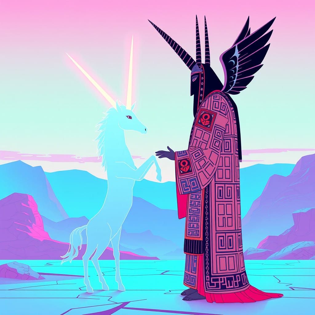 Mesopotamian Priest Confronts Bicorn in Neon-Lit Retro-Futur...