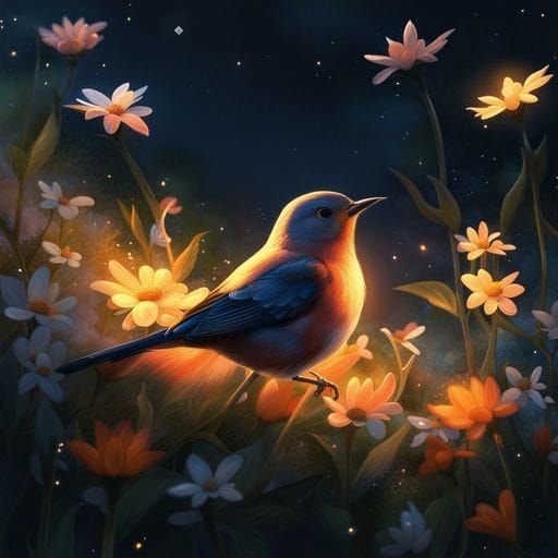 Bird Singing Under Moonlight Digital Art