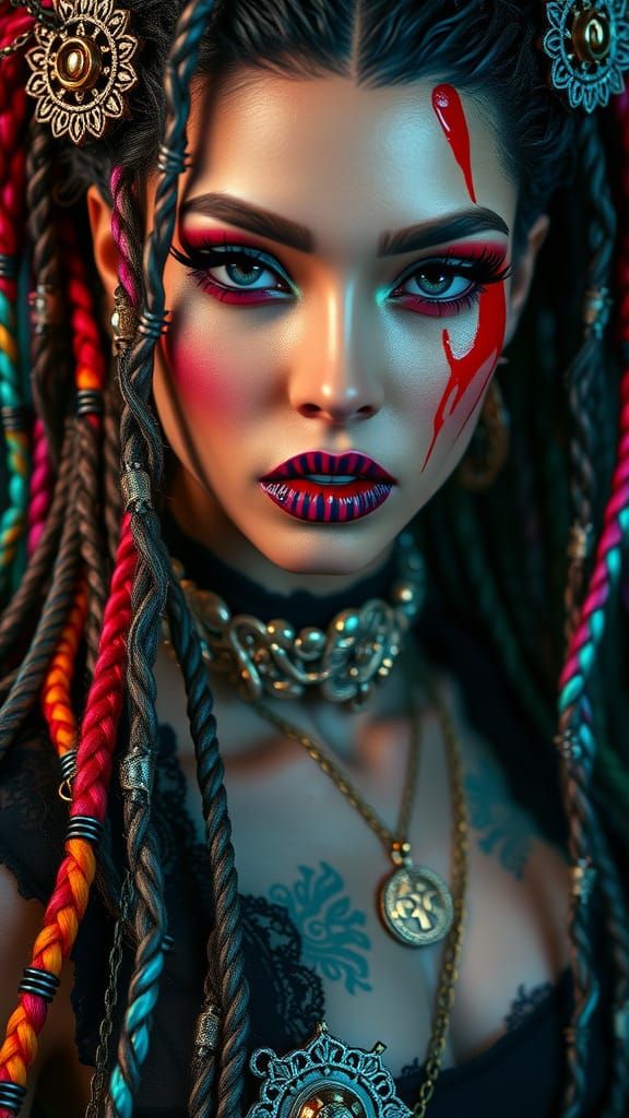 Gothpunk Goddess in Hypermaximalist Makeup and Steampunk Chi...