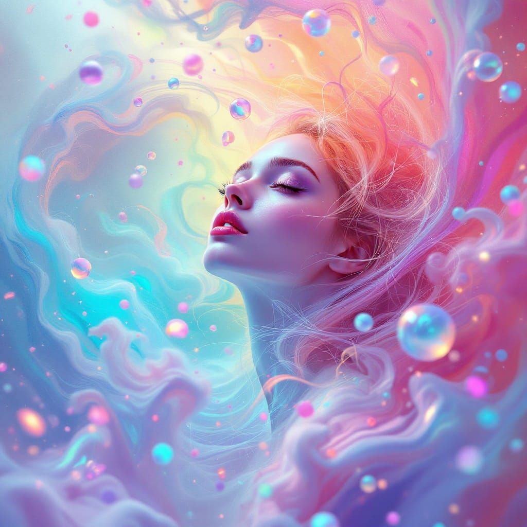 Dreamy Woman in Vibrant, Neon-Lit Fantasy World