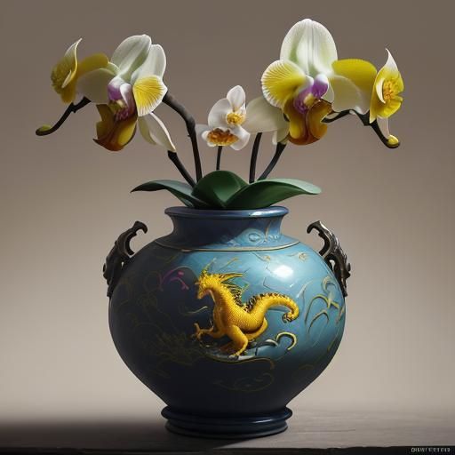 Hyperrealistic Yellow Dragon in Vase with Orchids