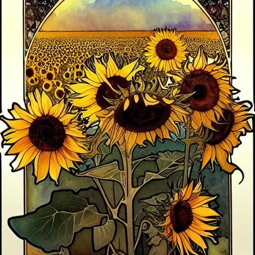 sunflowers field painting by Alphonse Mucha, ..