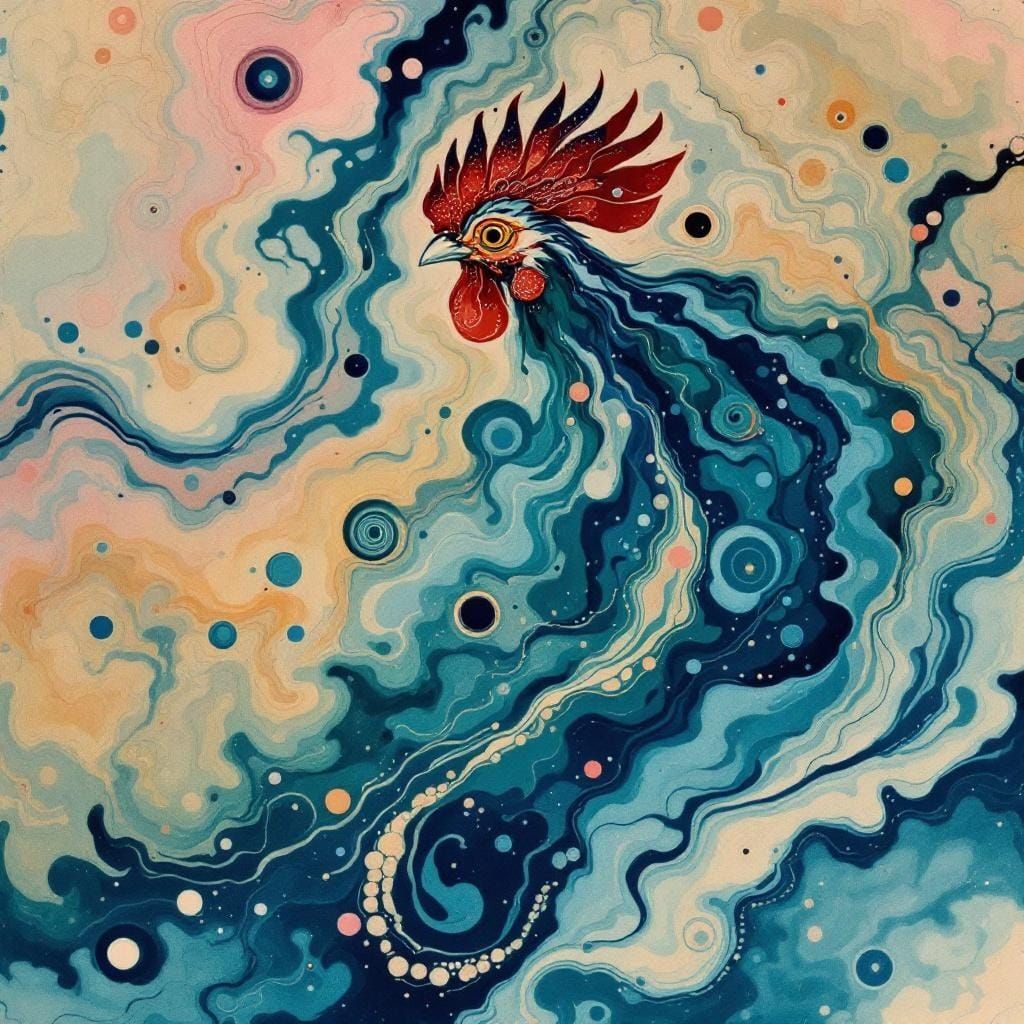 Suminagashi Rooster: Japanese Floating Ink Art