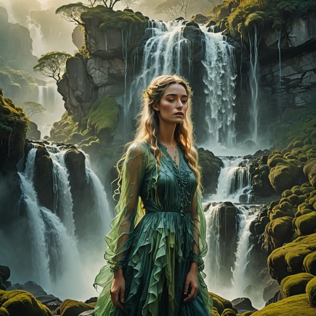 Waterfall Woman in Dreamlike Surrealist Landscape