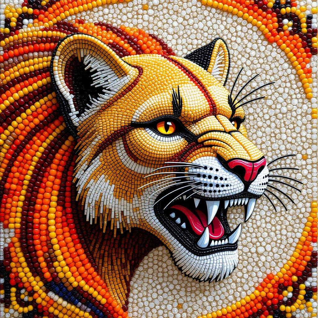 Vibrant Beaded Smilodon Folk Art Mosaic
