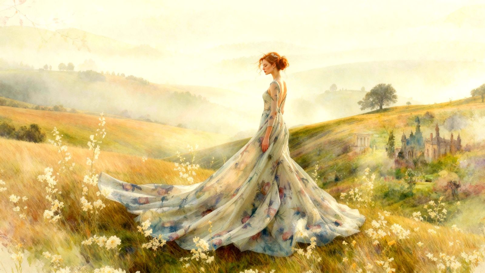 Elegant Lady in Foggy English Landscape