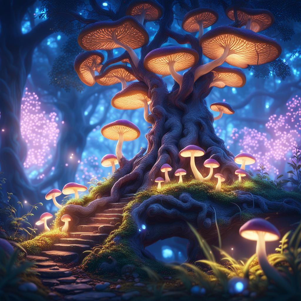 Glowing Mushrooms by Magical Tree: Fantasy Landscape