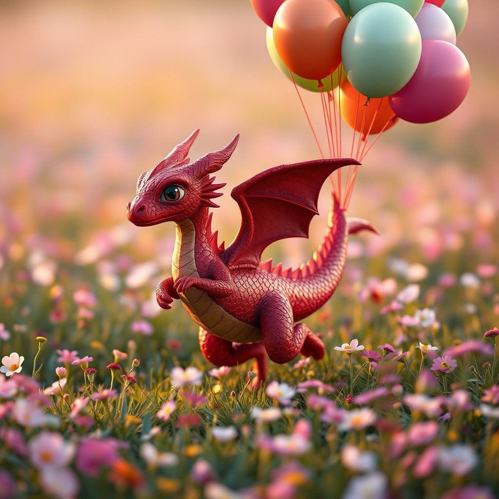 Joyful Red Dragon with Balloons in Dreamlike Field