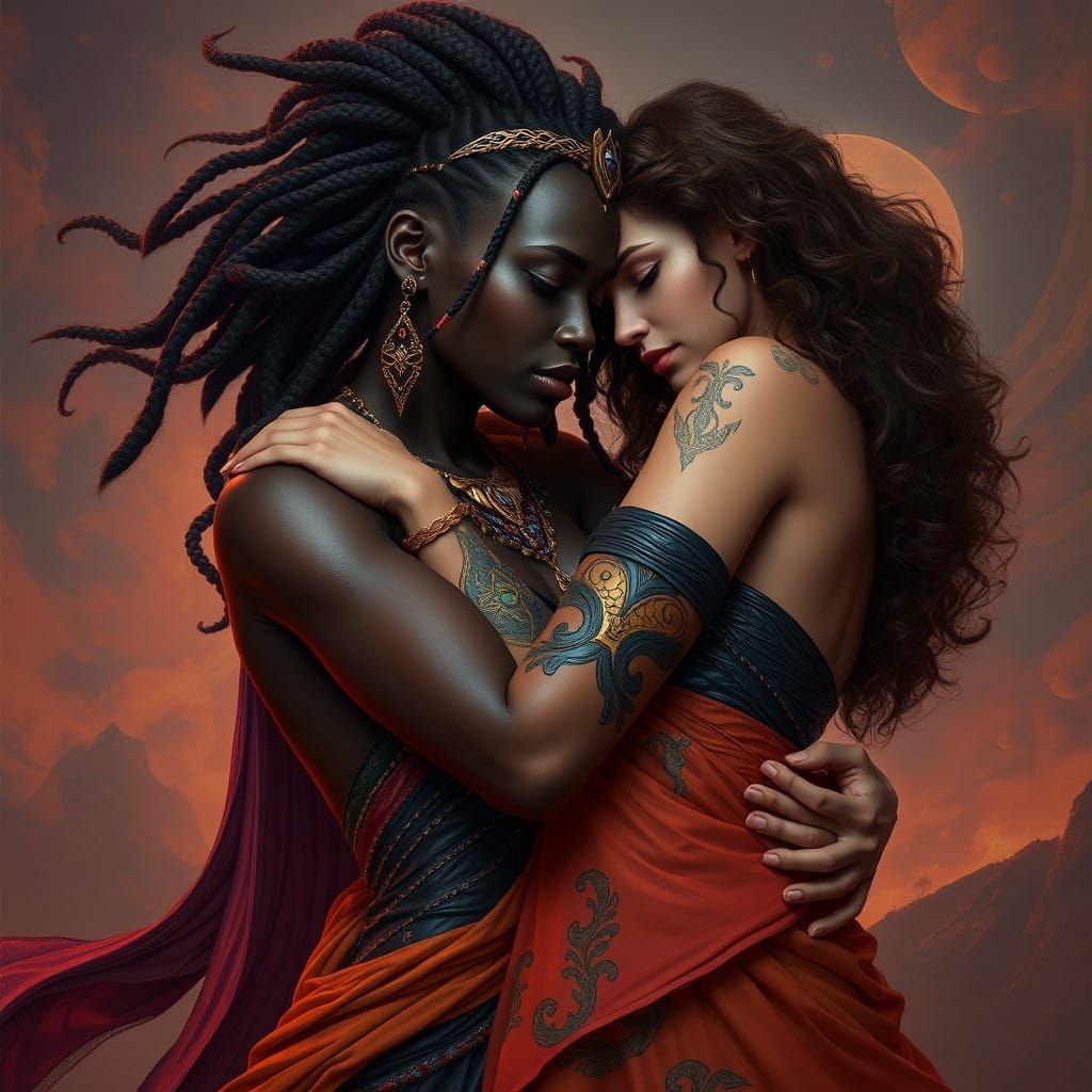 African Nefilim Goddess Embraces Woman in Vibrant Fantasy Sc...
