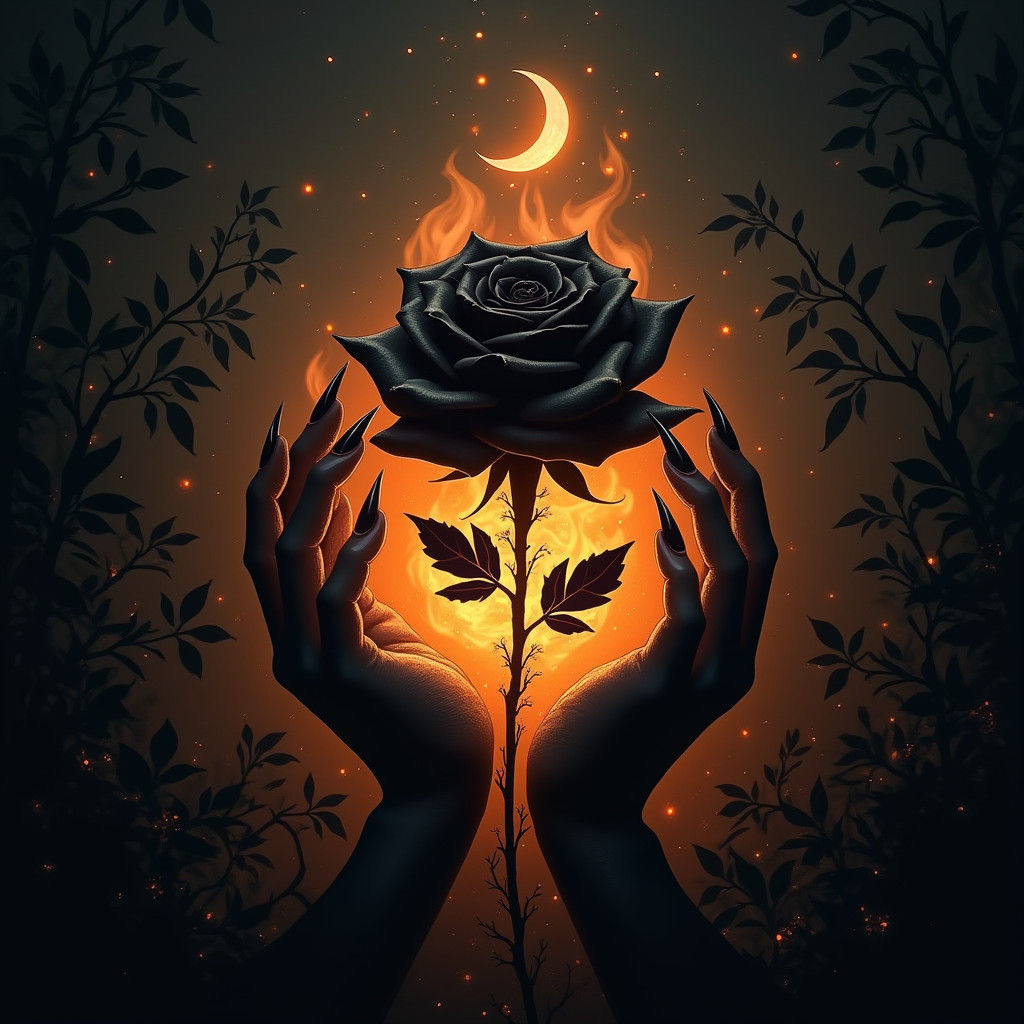 Black Rose in Shadowy Hands with Swirling Flames