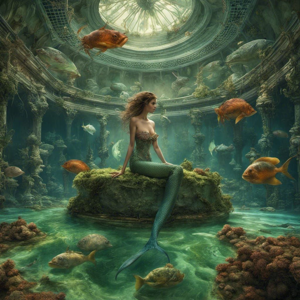 Mermaid in Algae Pool Under Dilapidated Dome